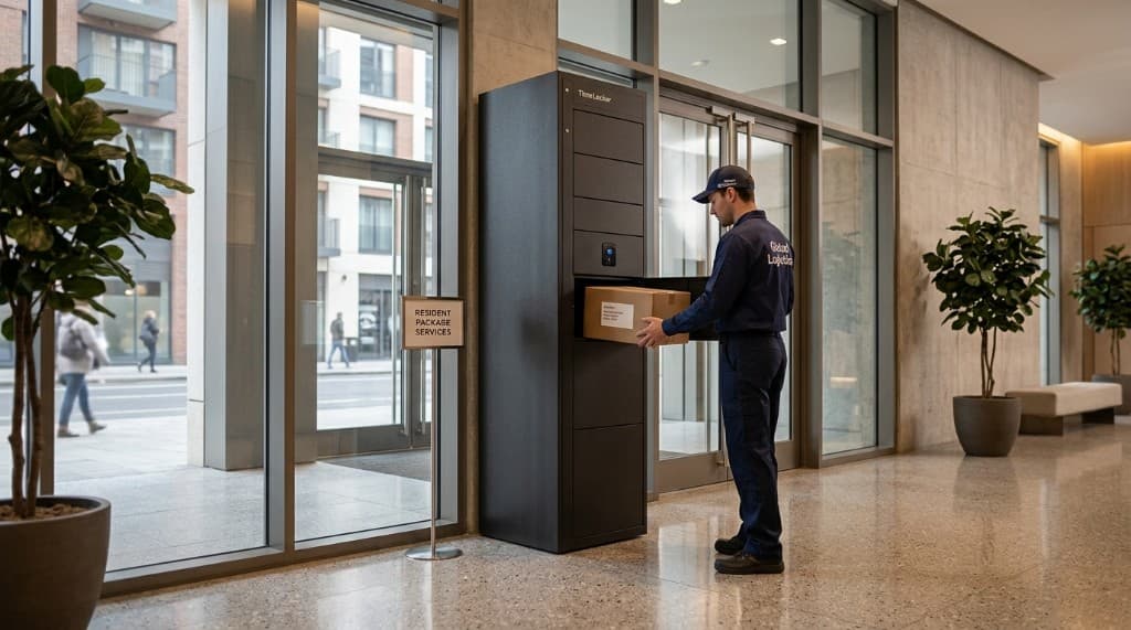 Courier placing a parcel in a Time Locker smart parcel unit in a modern building lobby